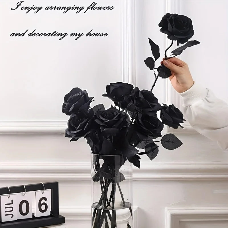 10-Pack Black Artificial Roses Long Stem | Halloween & Wedding Artificial Flowers Axl