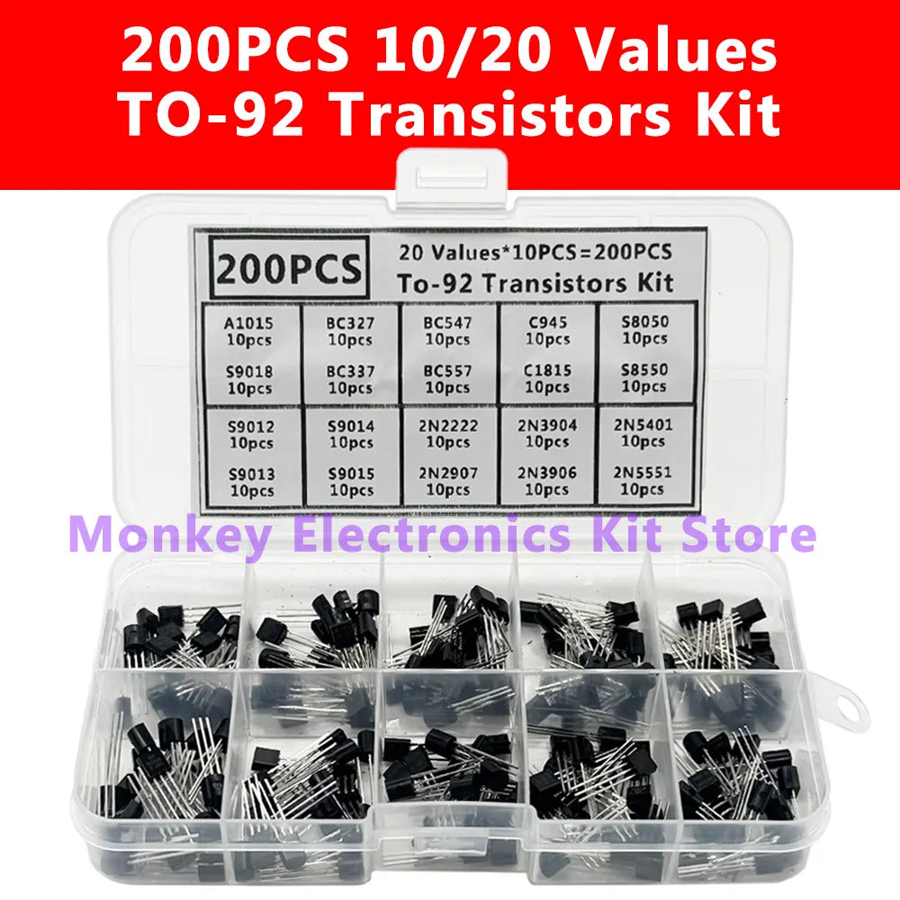 200PCS TO-92 Transistor Kit – 10 Types NPN & PNP BJT Transistor Assortment Kit Axl