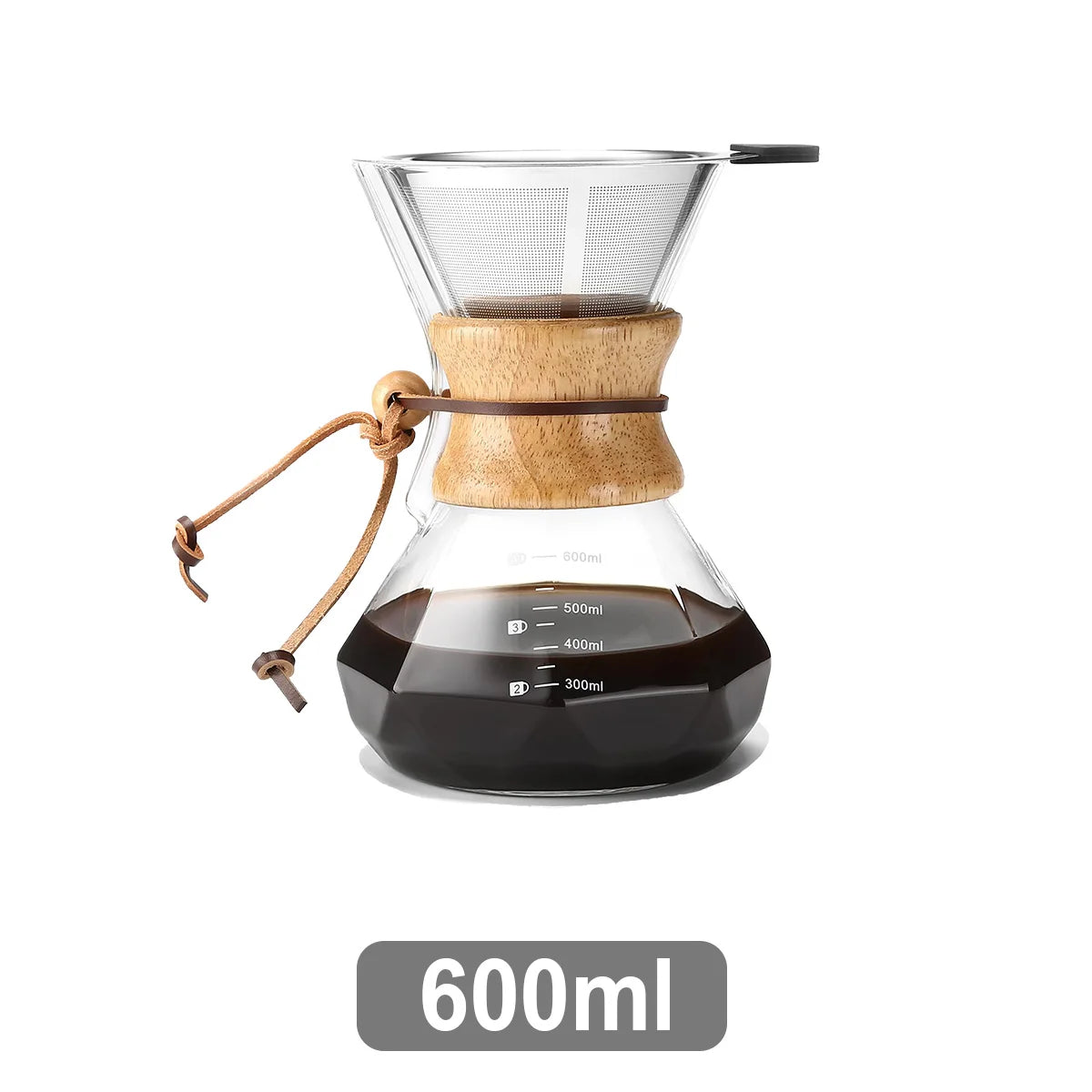 Pour-Over Glass Coffee Maker | Stainless Steel Filter & Wooden Collar Pour-Over Coffee Maker Axl 600ml