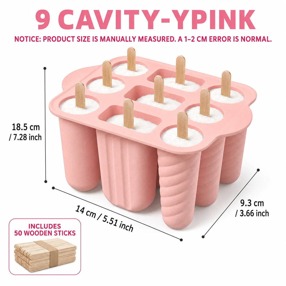 Silicone Popsicle Mold 9/10 Cavity + 50 Wooden Sticks | Ice Pop Popsicle Mold Set Axl 9 Cavity-Pink