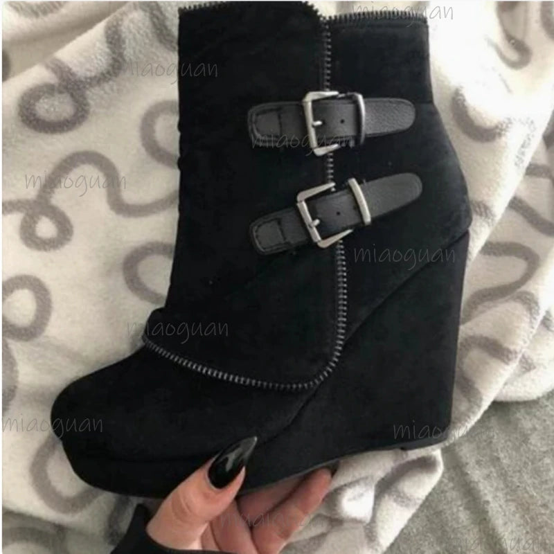 Women's Wedge Ankle Boots – Zip Round Toe Retro Booties Wedge Ankle Boots Axl