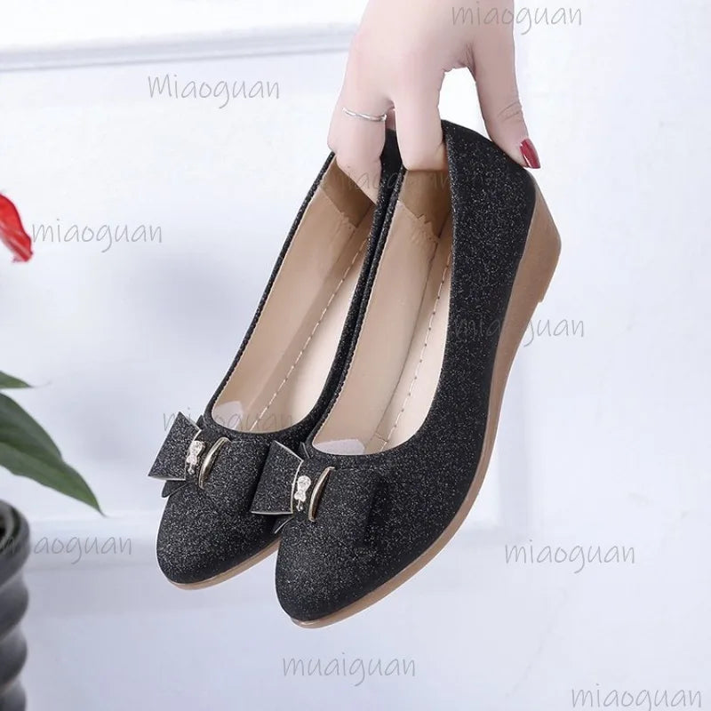 Women's Sequin Bow Wedge Pumps – Elegant Slip-On Dress Shoes Wedge Dress Pumps Axl