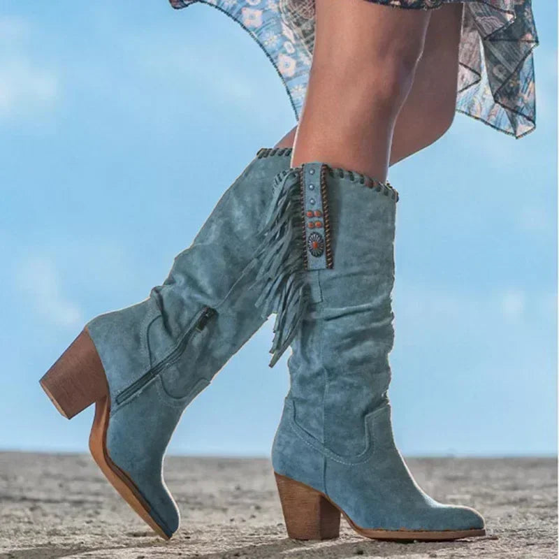 Women's Retro Western Cowboy Boots | Metal Buckle & Tassel Western Cowboy Boots Axl