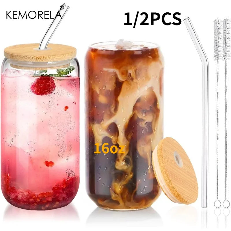 KEMORELA 470ml Glass Cup with Lid & Straw | Bubble Tea Mug Glass Drinkware Set Axl