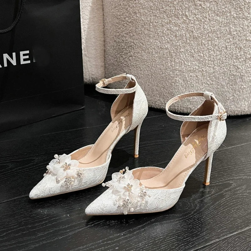 Women's Lace Rhinestone Wedding Pumps – Pointed Toe High Heels Wedding High Heels Axl