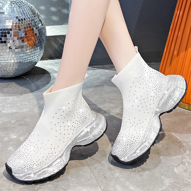 Women's Rhinestone Knit Wedge Mid-Calf Boots | Platform Sock Boot Platform Wedge Boots Axl
