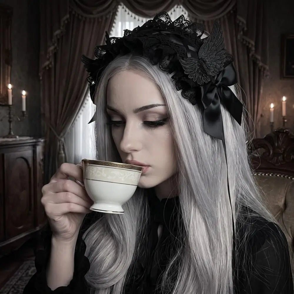 Gothic Lolita Wings Lace Headband – Ruffled Rivet Hairband Lace Hair Headband Axl
