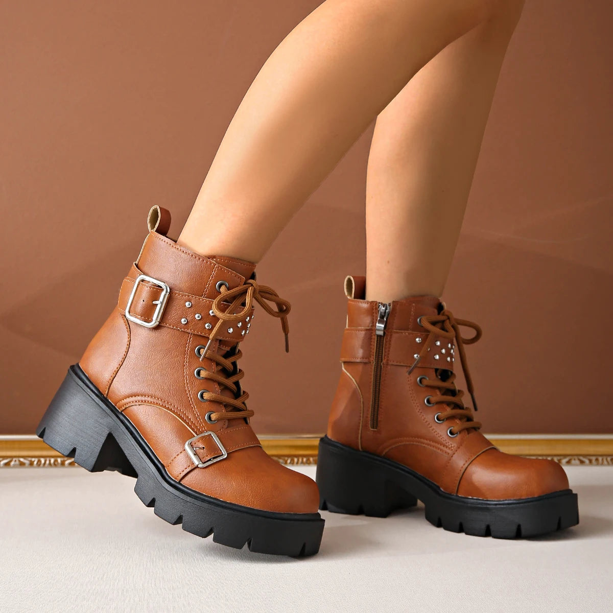Women's Rivet Mid-Calf Boots – Buckle Strap & Chunky Heel Women's Mid-Calf Boots Axl