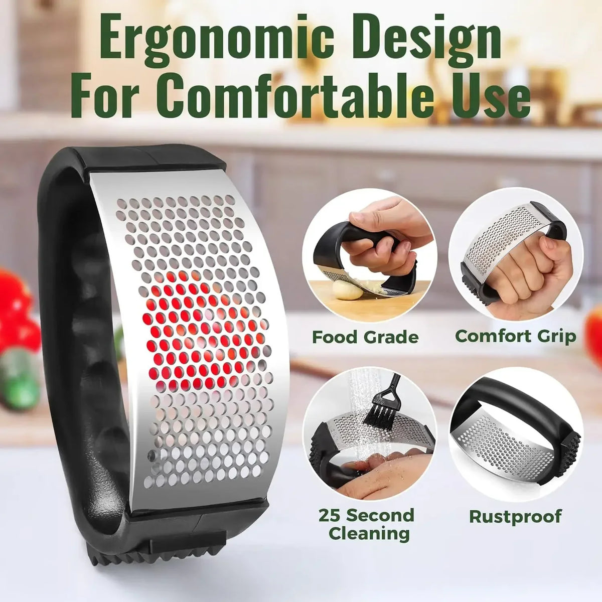 Stainless Steel Garlic Press Rocker with Peeler & Brush Garlic Press Set Axl