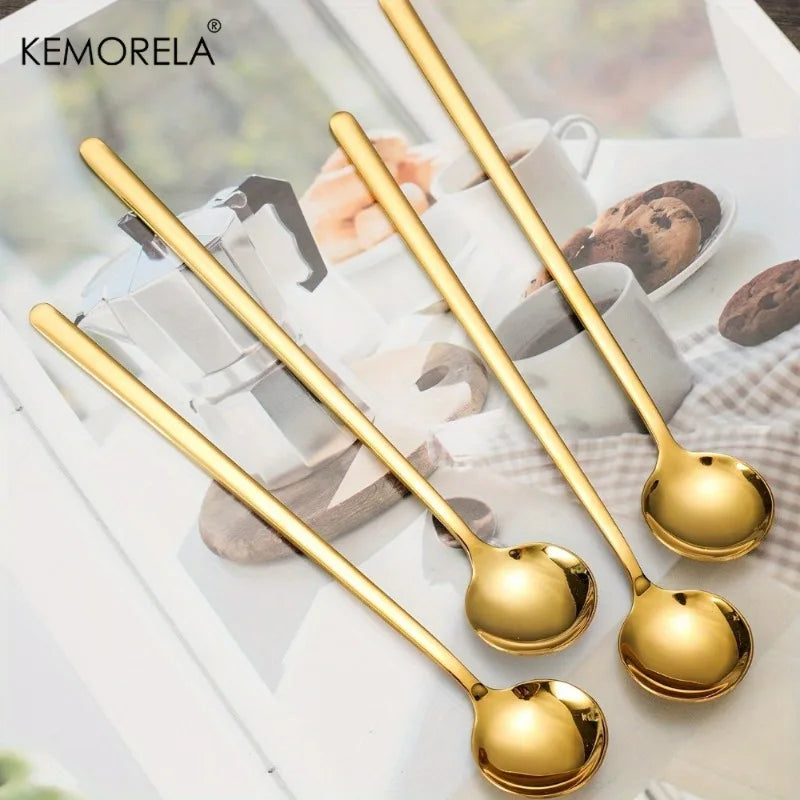 4-Piece Long Handle Stainless Steel Spoons – Gold & Silver Kitchen Spoon Set Axl