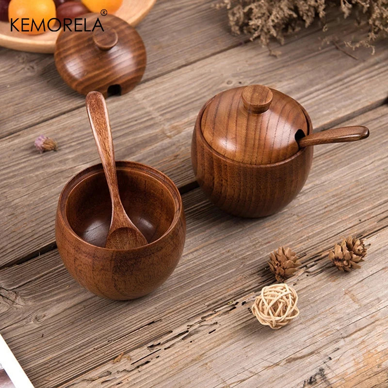 KEMORELA 2-Pack Retro Wood Condiment Jars with Lid & Spoon Condiment Container Set Axl