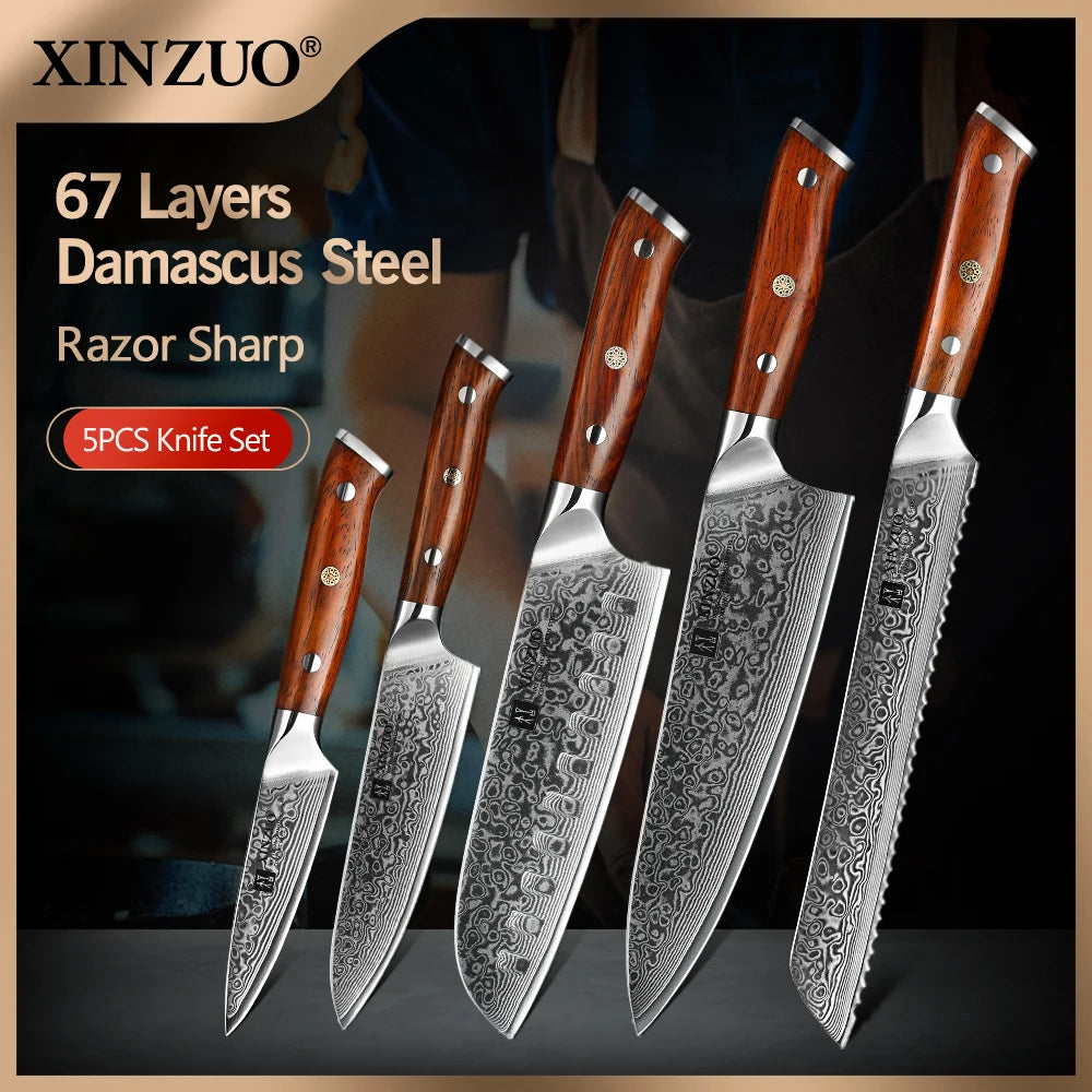 XINZUO 5-Piece Damascus Steel Knife Set | 67-Layer Rosewood Damascus Knife Set Axl China Mainland