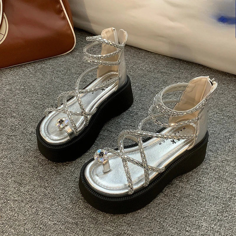 Women's Roma Wedge Platform Sandals – Rhinestone Flower Heels Platform Wedge Sandals Axl