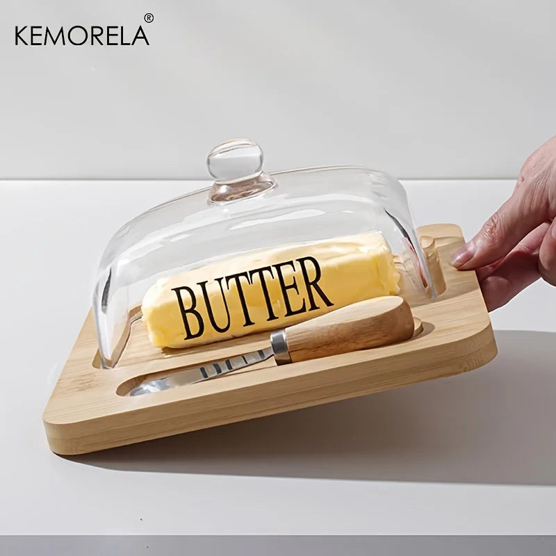 KEMORELA Wood Butter Dish with Glass Lid & Knife | Cheese Plate Butter Dish Set Axl