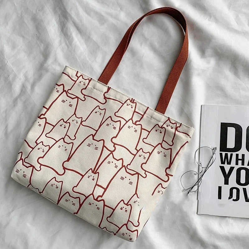 Cute Cat Canvas Tote Bag | Japanese Style Zip Shoulder Bag Canvas Tote Bag Axl