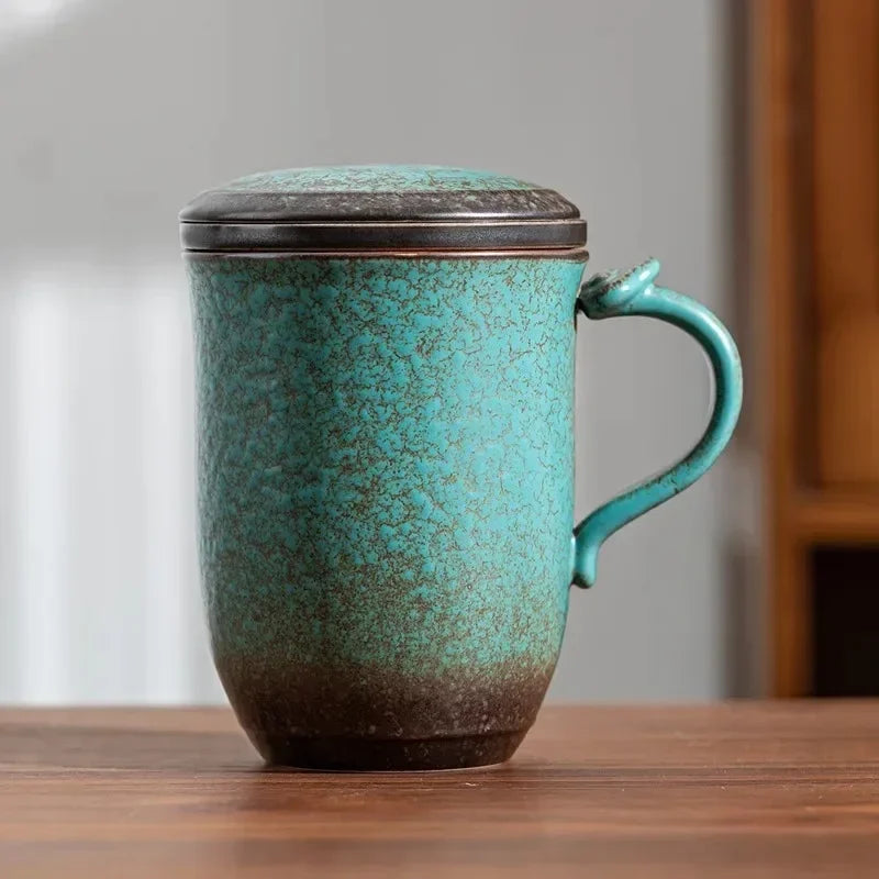 Retro Japanese Ceramic Mug with Lid & Wood Handle | Kiln Baked Ceramic Coffee Mug Axl 301-400ml B
