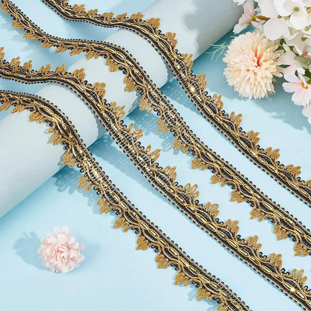 18 Yards Black & Gold Metallic Lace Ribbon Trim | Upholstery Decorative Ribbon Trim Axl