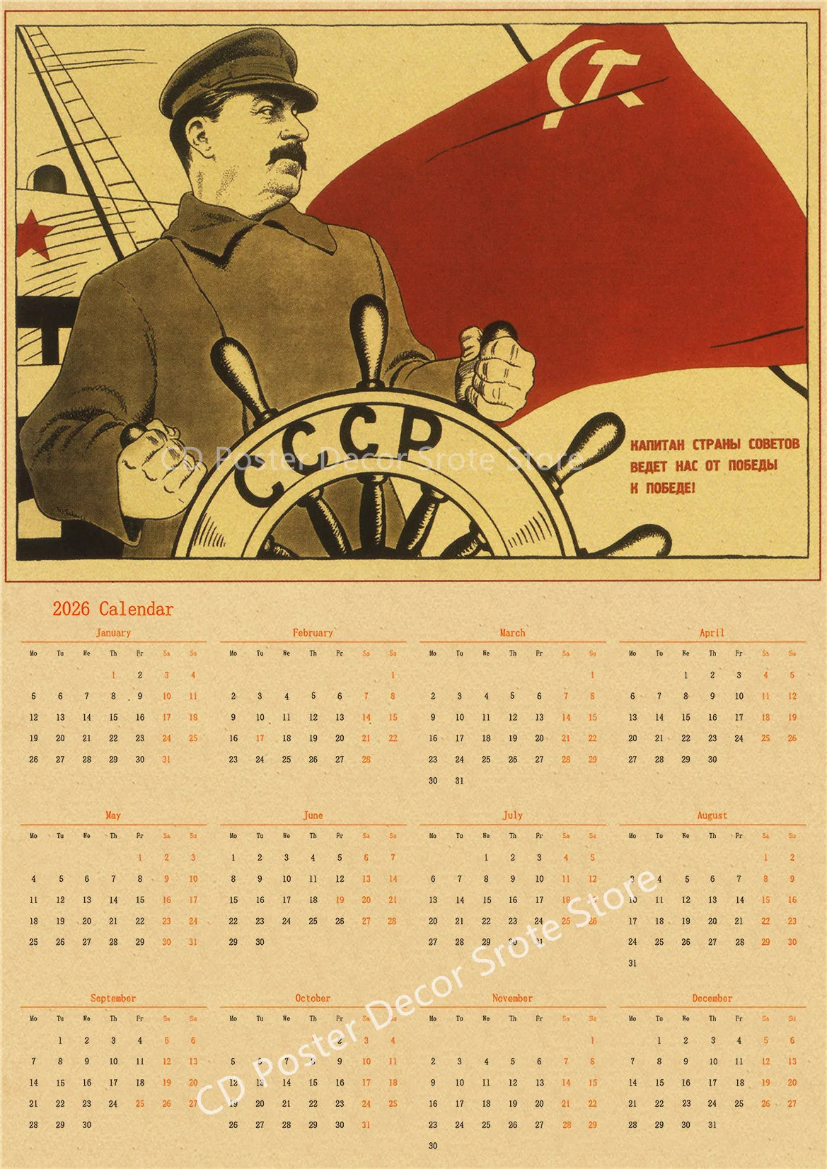 USSR CCCP 2026 Retro Calendar Poster – Aesthetic Wall Art Print Retro Wall Poster Axl 9 A4