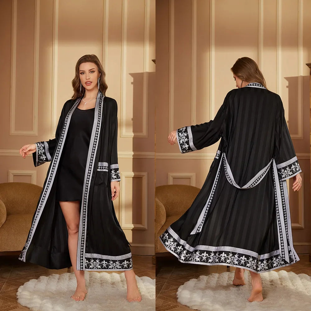 Women's Long Sleeve Printed Lace-Up Robe | Casual Bathrobe Women's Bathrobe Axl black gray One Size