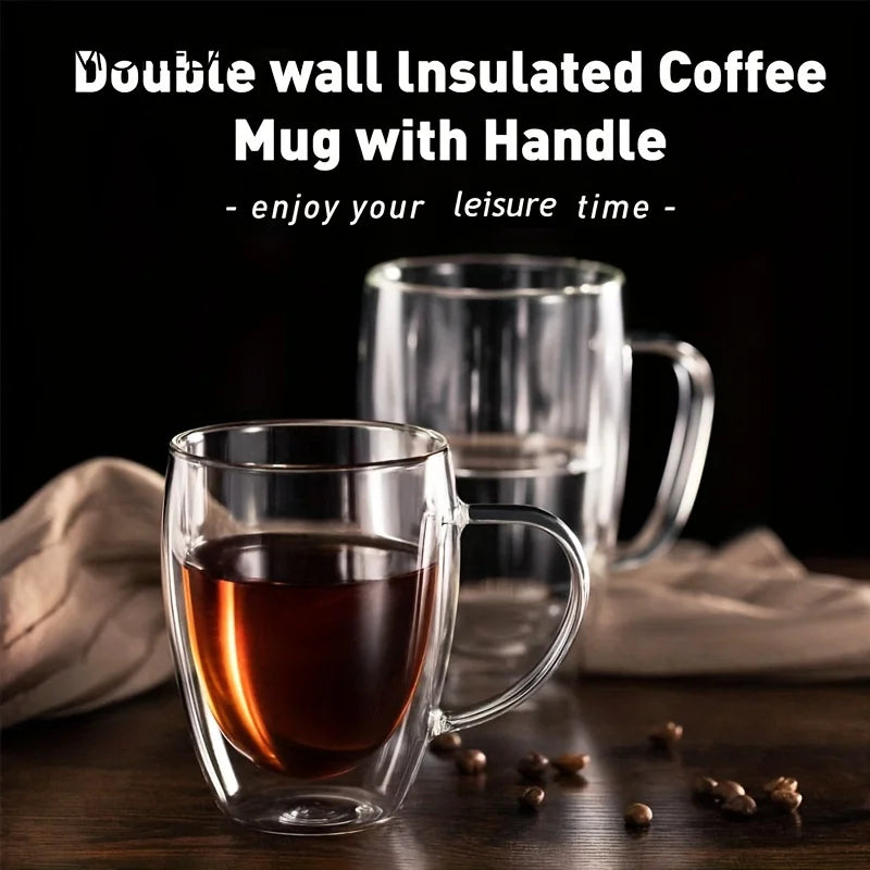 KEMORELA 350ml Double Wall Glass Coffee Mugs with Handle | 2/4/6pc Glass Coffee Mugs Axl