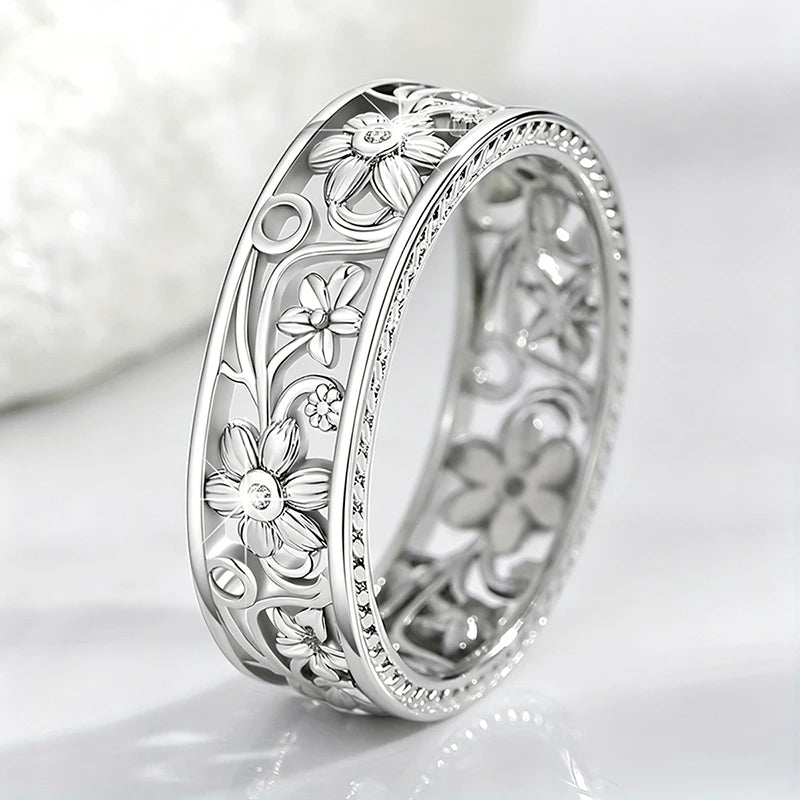 Huitan Silver Hollow Floral Ring – Women's Wedding Band Fashion Ring Axl