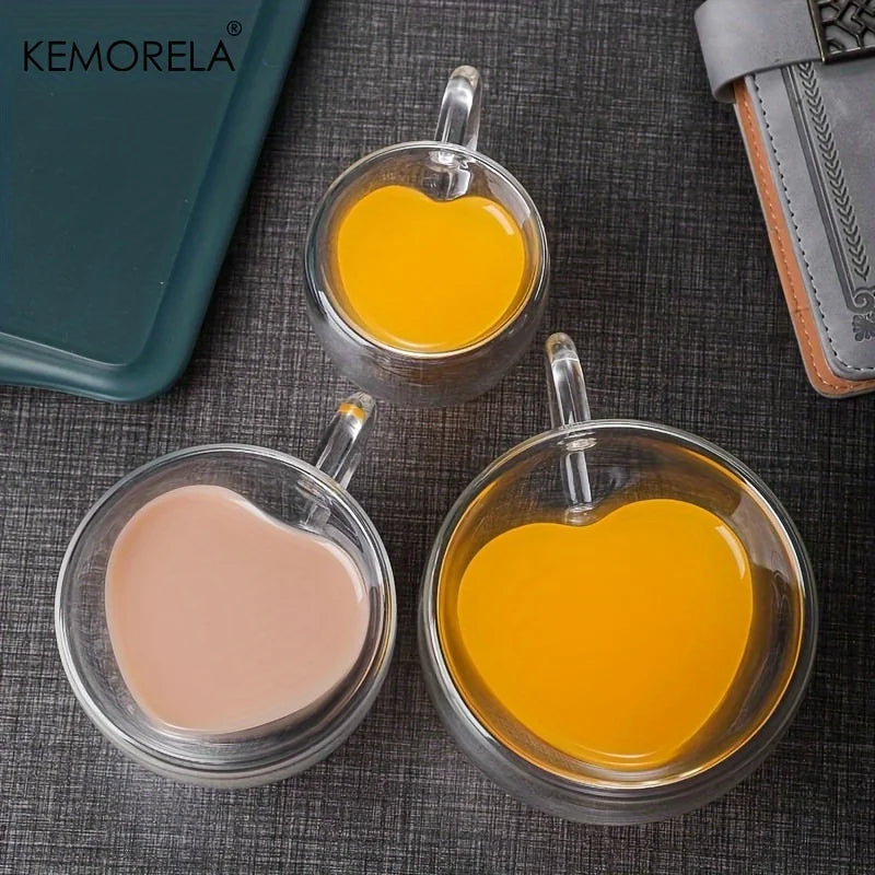 KEMORELA 4PCS Heart Double Wall Borosilicate Glass Mugs Glass Mug Set Axl