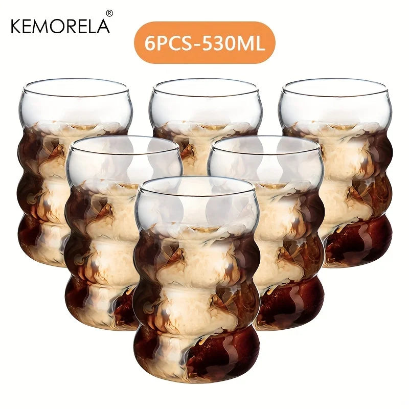 KEMORELA 6-Piece Wave Shape Heat-Resistant Glass Cup Set Glass Drinkware Set Axl 6PCS-530ML 301-400ml