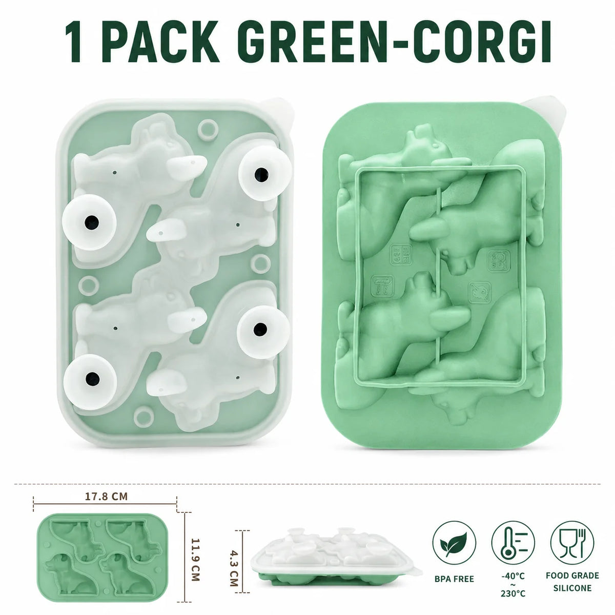 3D Corgi Dog Silicone Ice Cube Tray | Large Novelty Ice Mold Silicone Ice Mold Axl 1 PACK Green-Corgi