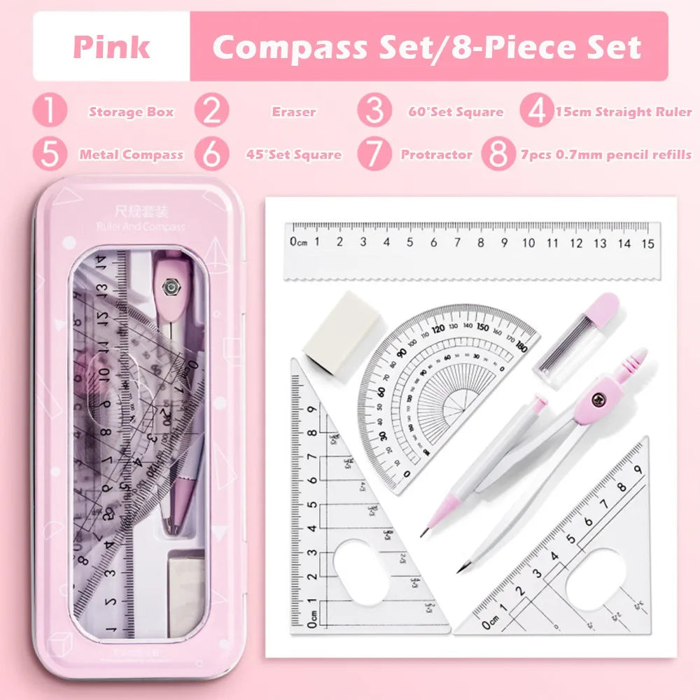 8-Piece Student Geometry Set – Rulers, Compass & Protractor Geometry Drawing Set Axl Pink 8PCS A