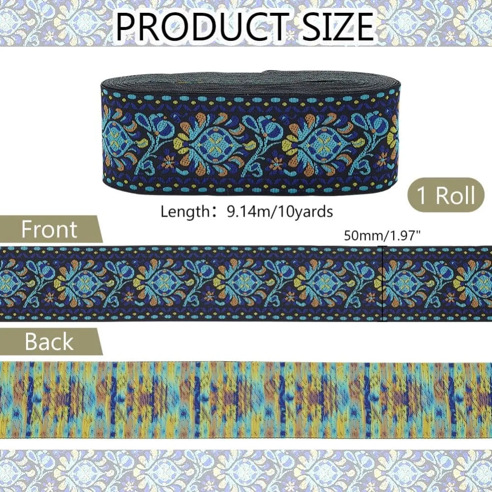 Ethnic Jacquard Flower Ribbon Sky Blue 2 inch – 10 Yards Sewing Sewing Ribbon Trim Axl