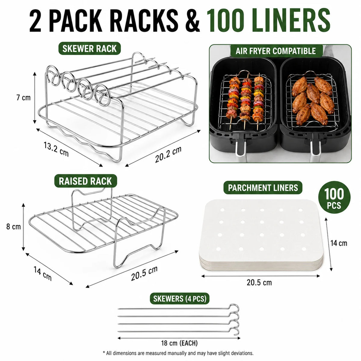 Dual Air Fryer Multi-Layer Rack with Skewers & Baking Paper Air Fryer Rack Set Axl 2 Pack w 100 Liners