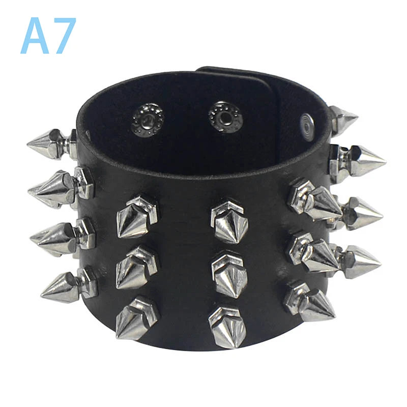 90s Punk Spike PU Leather Bracelet – Triple Row Studs Bangle Punk Leather Bracelet Axl A7