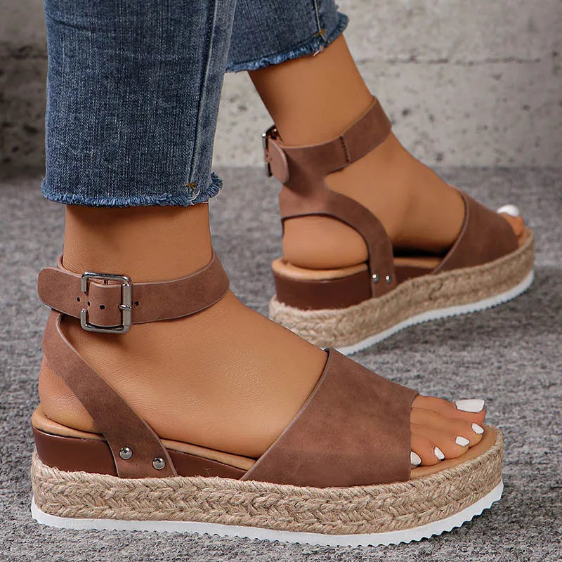 HAJINK Women's Platform Wedge Sandals – Buckle Strap Summer Heels Platform Wedge Sandals Axl Camel 38