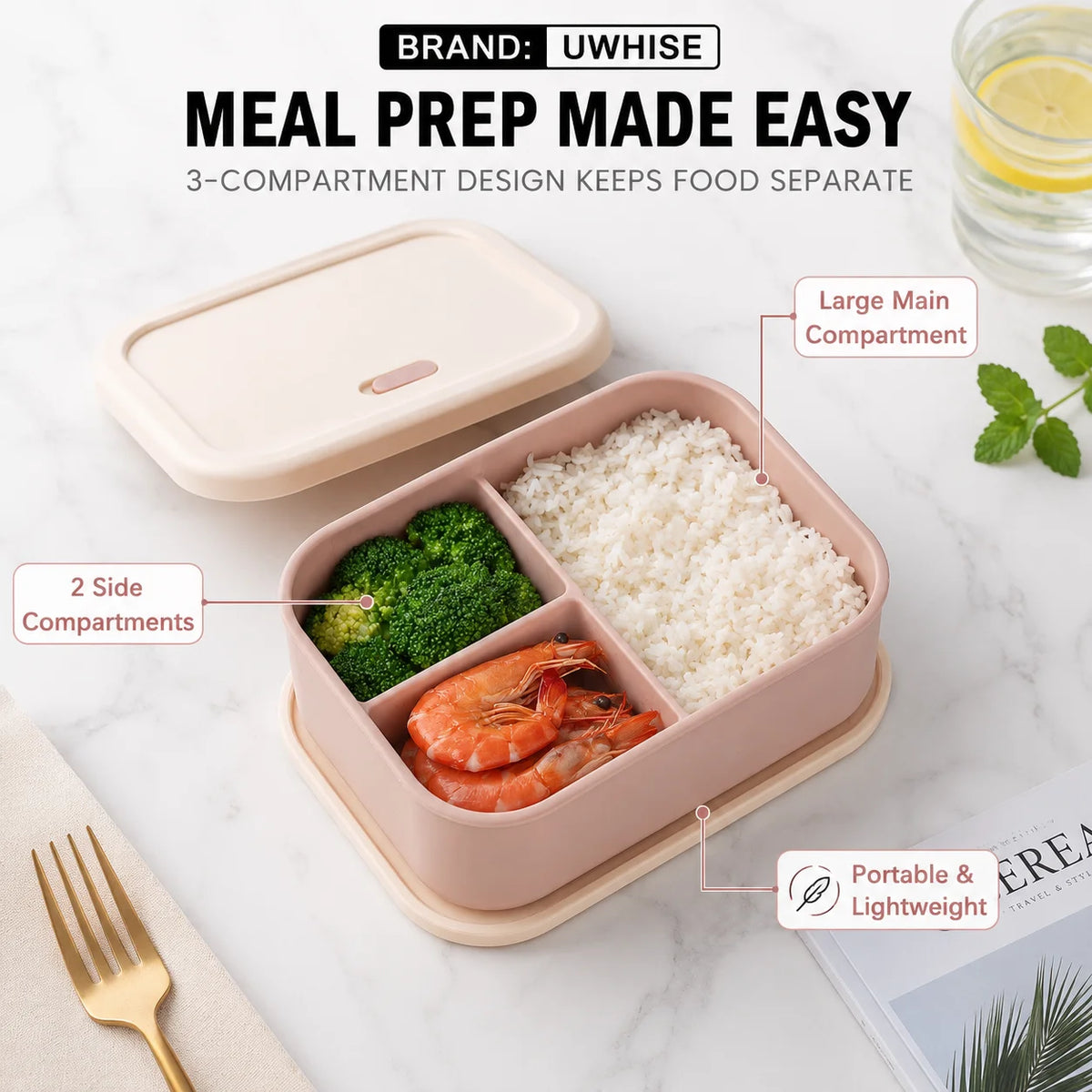 UWHISE Silicone Bento Box 3-Compartment Microwave Safe Lunch Box Silicone Lunch Box Axl