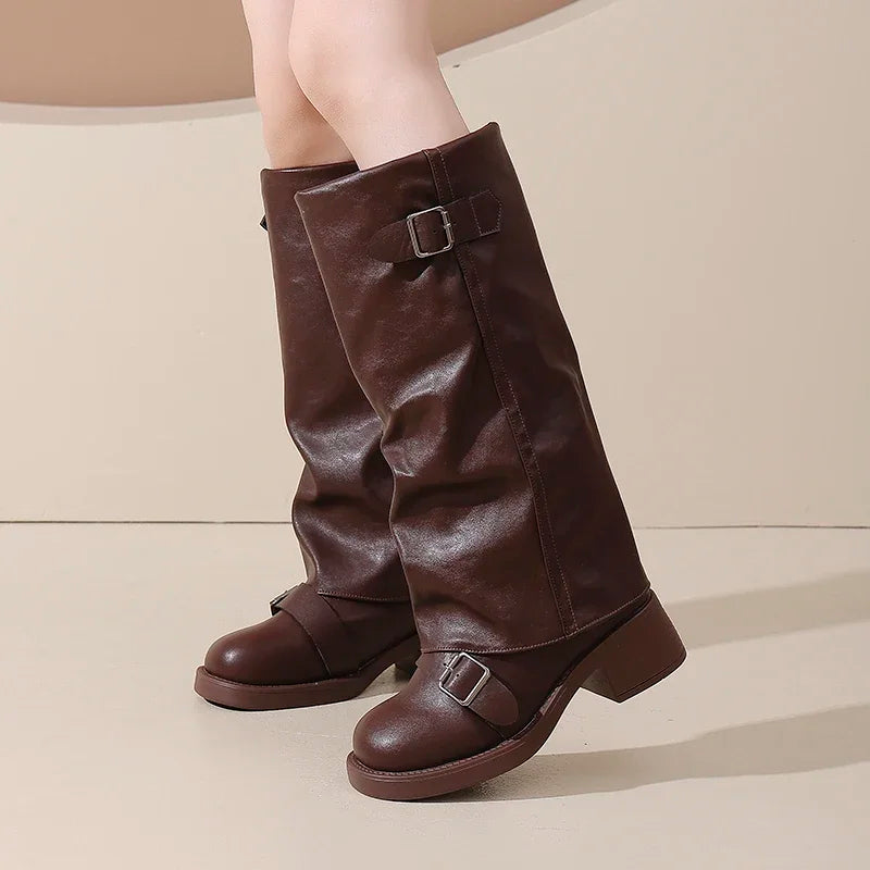 Women's Knee High Boots – Thick Square Heel & Belt Buckle Knee High Boots Axl