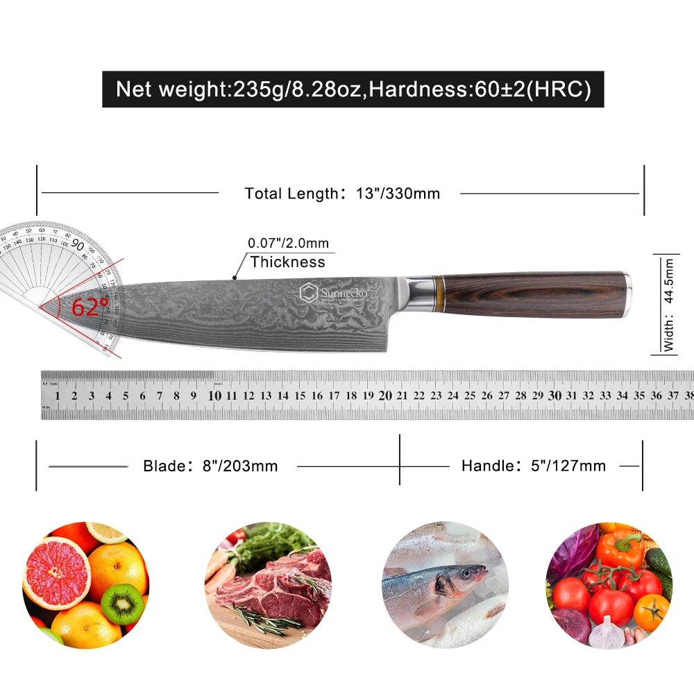 Sunnecko 8" Damascus Chef's Knife – VG10 Japanese Steel Damascus Chef Knife Axl
