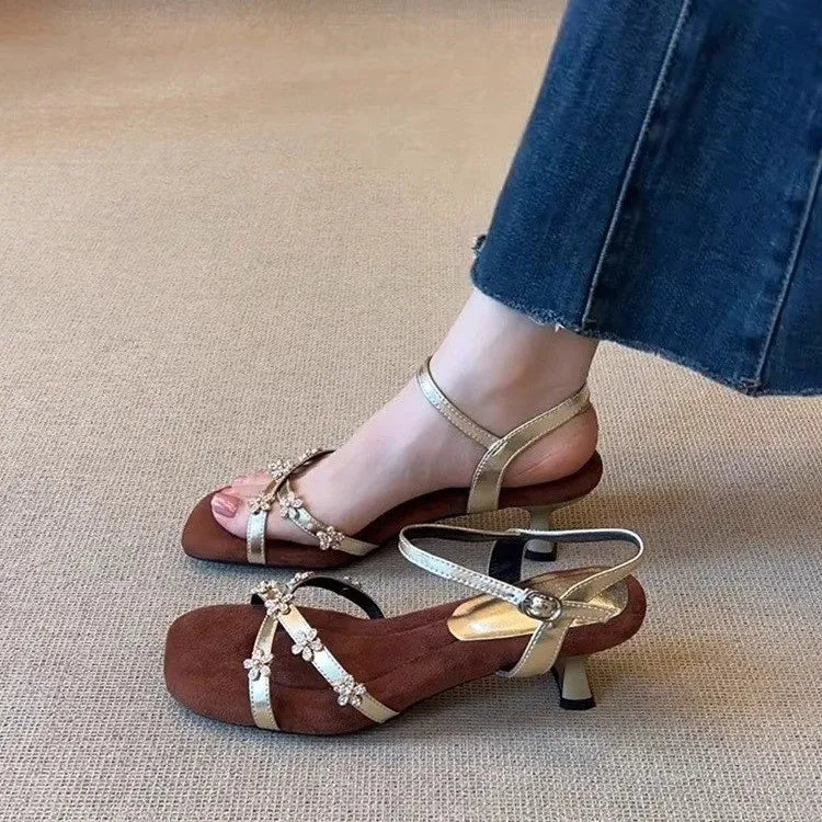 Women's Flower Buckle Peep Toe Low Heel Sandals | Party Shoes Low Heel Sandals Axl 39 Gold