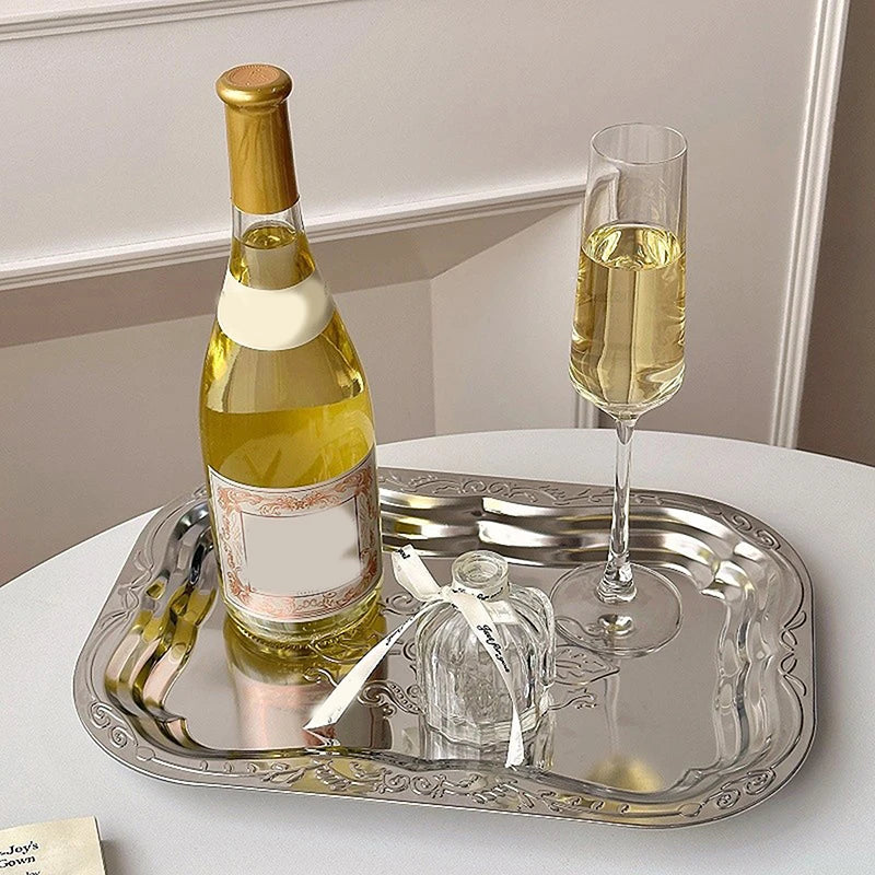 Stainless Steel Rectangular Tray – Embossed Vintage Serving Dish Serving Tray Axl