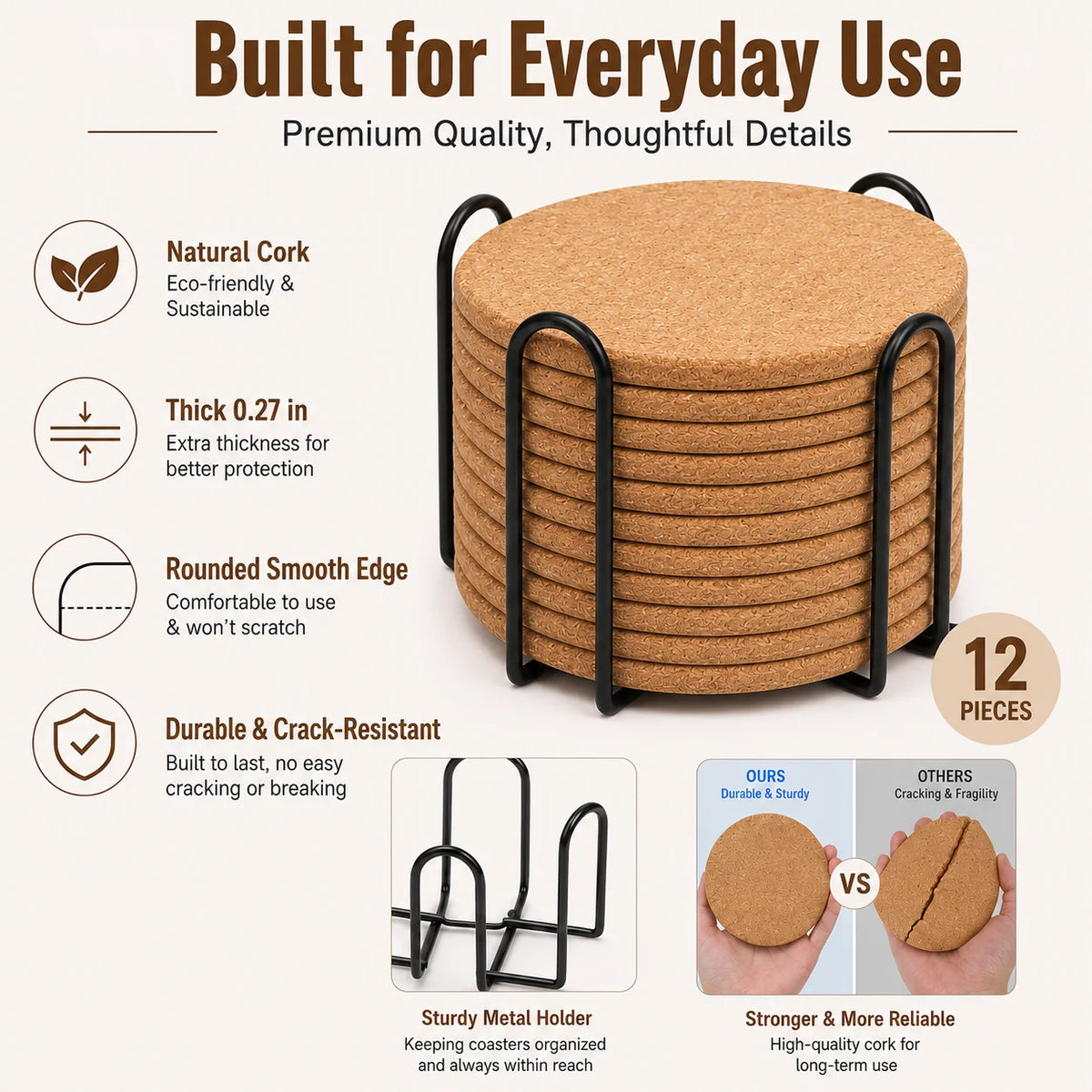 Natural Cork Coasters Set of 12 with Metal Holder | Absorbent Cork Coaster Set Axl