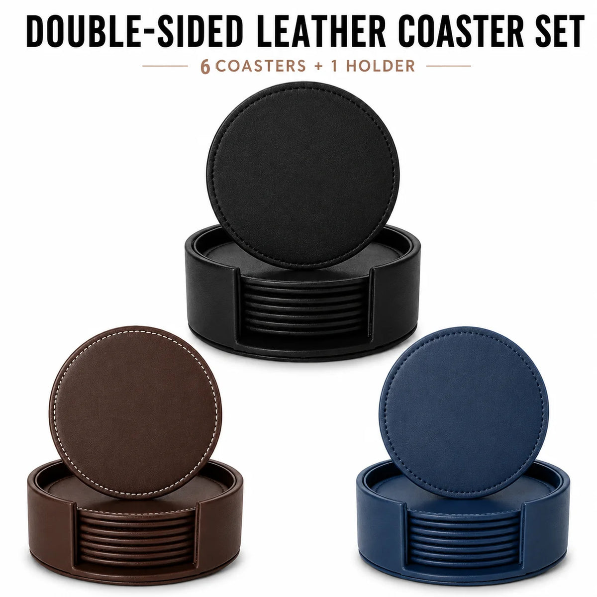 6-Piece PU Leather Coasters with Holder – Waterproof & Heat Resistant Leather Coaster Set Axl