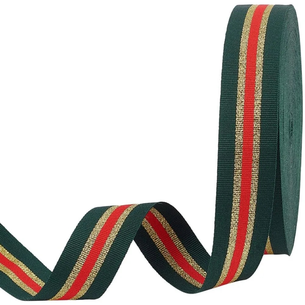 25 Yards Dark Green Glitter Stripe Ribbon – 1 Inch Polyester Craft Ribbon Axl AECH04-18227