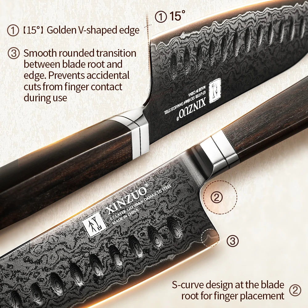 XINZUO 67-Layer Damascus Santoku Knife 7-Inch | Ebony Handle Damascus Santoku Knife Axl