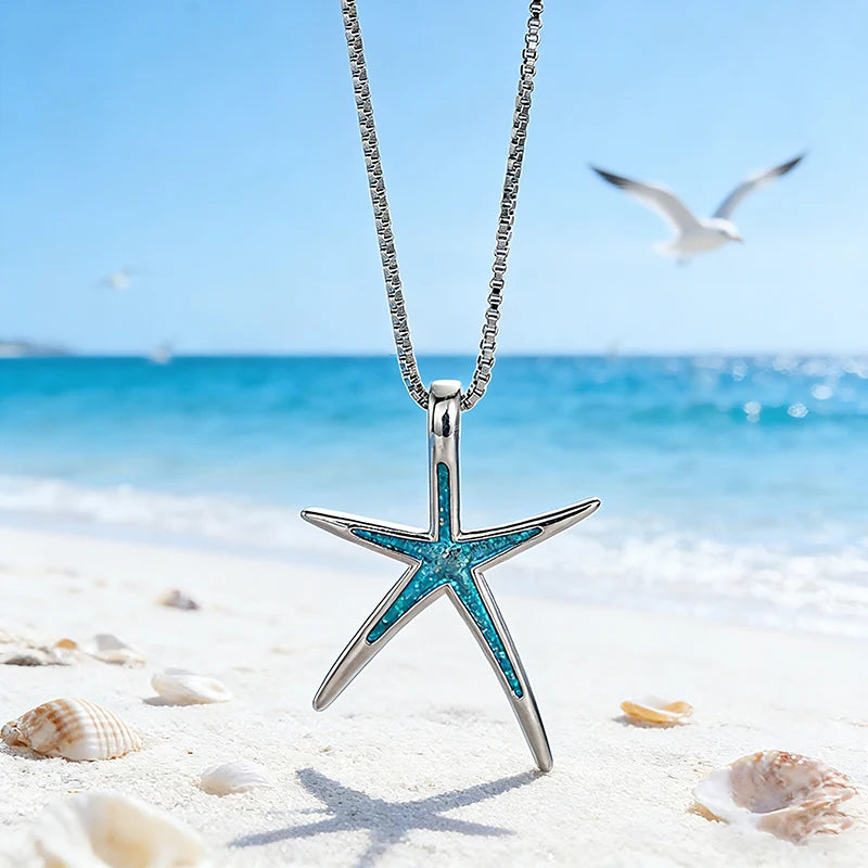 Huitan Blue Starfish Pendant Necklace – Boho Beach Jewelry Pendant Necklace Axl