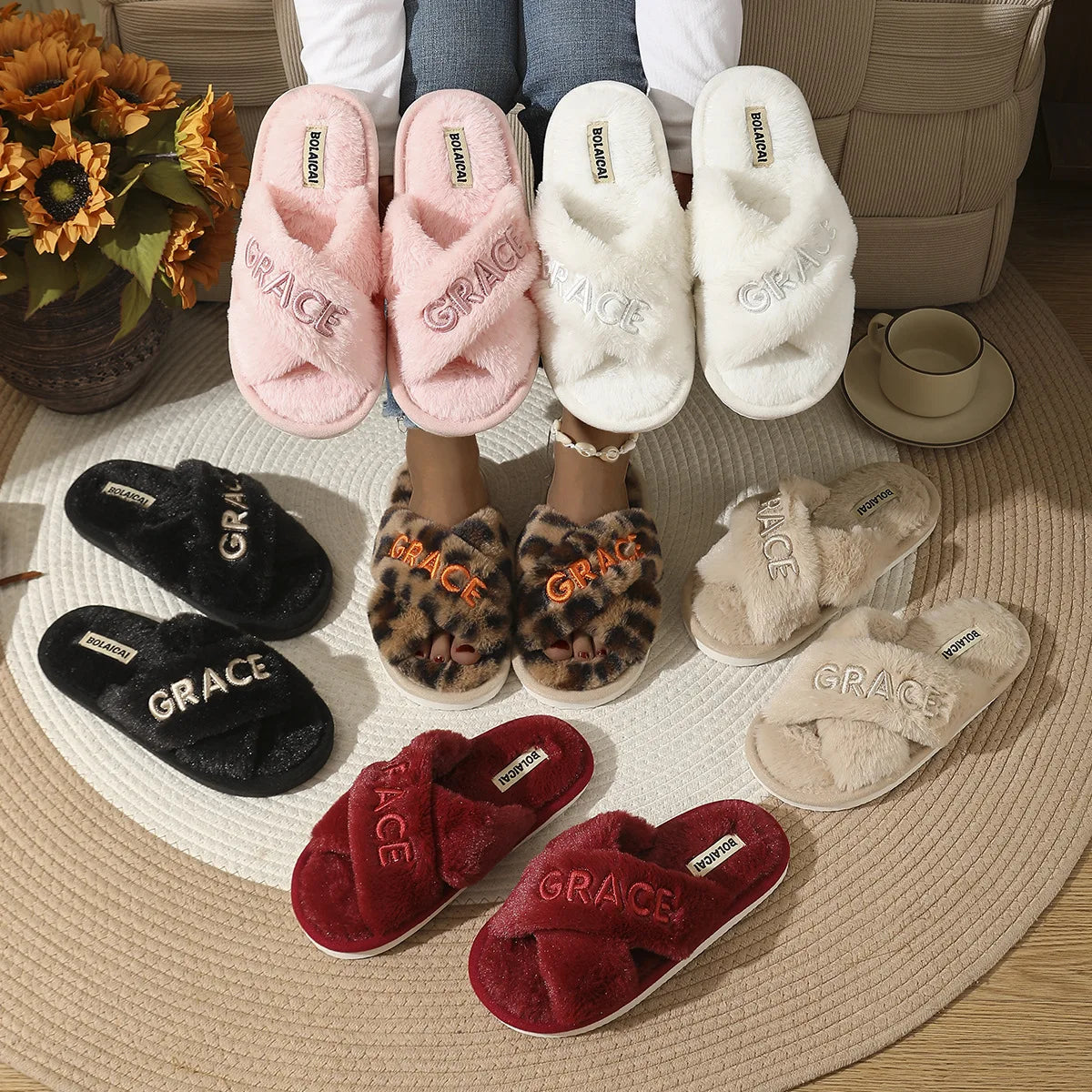 Women's Faux Fur Fluffy Slides – Custom Name Letter Slippers Faux Fur Slides Axl