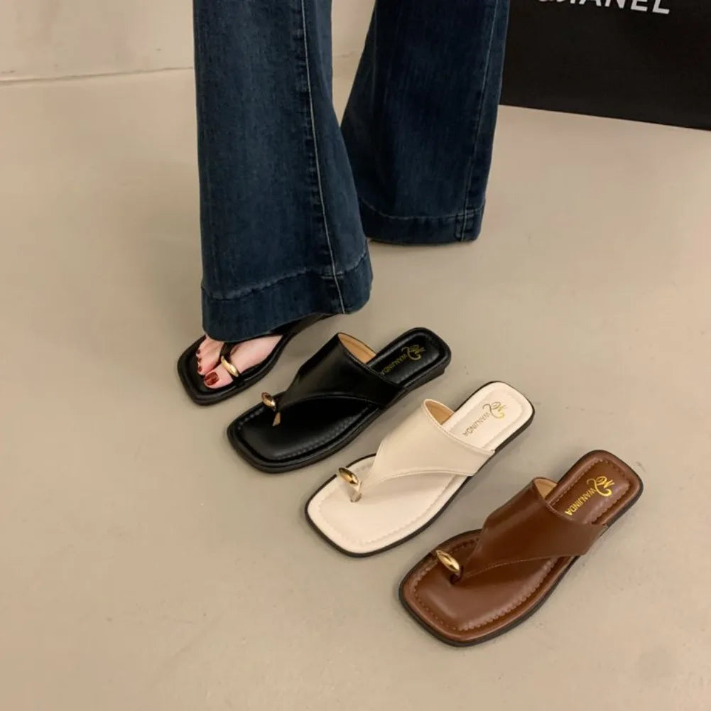 Women's Flat Thong Sandals – Square Toe Faux Leather Flip Flops Flat Thong Sandals Axl
