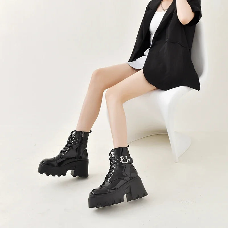 Women's Platform Gothic Ankle Boots – Buckle Chain Wedge Gothic Platform Boots Axl