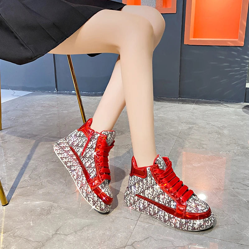 Women's Rhinestone High-Top Sneakers – Thick Sole Lace-Up High-Top Sneakers Axl
