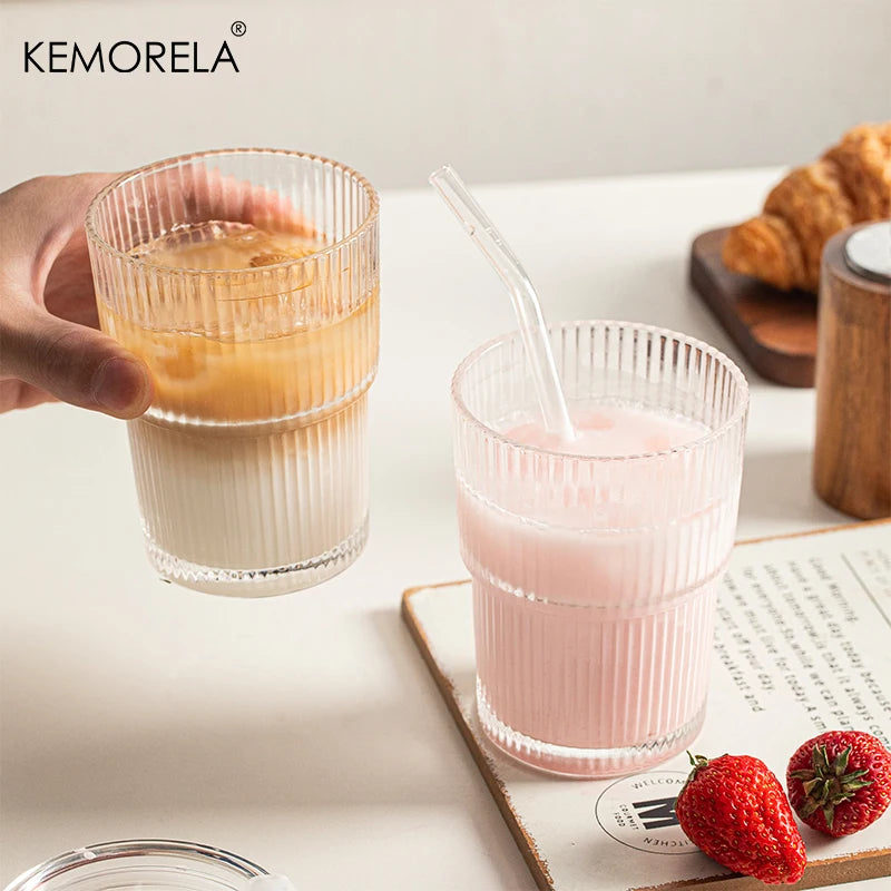 450ml Striped Glass Cups with Lid & Straw | Set of 1 or 2 Glass Drinking Cup Axl