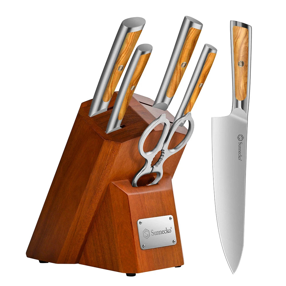 Sunnecko 6-Piece Kitchen Knife Block Set – Olive Wood Handle Kitchen Knife Set Axl Brown Block Set B China Mainland