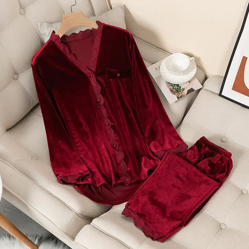 Women's Velvet Pajama Set – Long Sleeve Lace Trim Sleepwear Velvet Pajama Set Axl